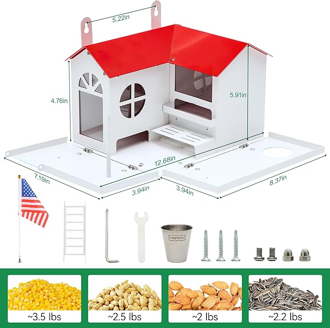 Metal Squirrel Feeder for Outside with Water Bowl, Hanging Squirrel House for Outdoors with Flag Ladder and Corn Cobs Holder, Peanut Feeder for Chipmunks, Mount on Trees or Fences