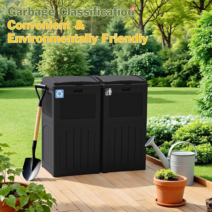 Greesum 33 Gallon Outdoor Trash Can with Lid, Waterproof Resin Garbage Bin for Hideaway, Deck, Patio, 2 Pack, Black