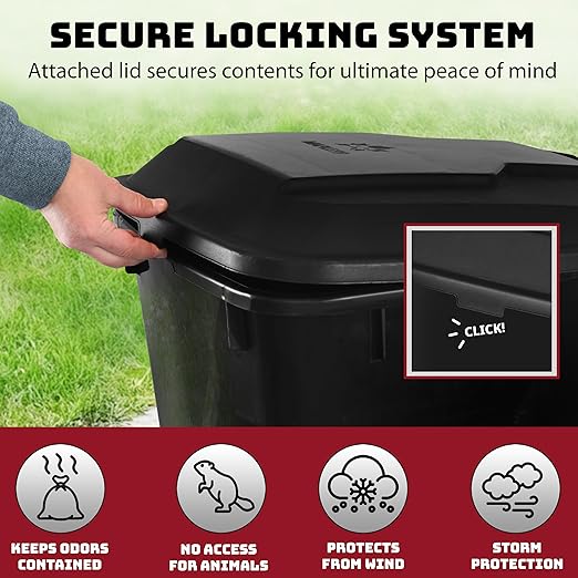 Trash Can With Lid - Ultimate Strength 32 Gallon Wheeled Garbage Can Trash Container - Professional Grade Outdoor Waste Bin with Secure Snap Lid and Ergonomic Handles, Outdoor Recycling Bins, 2 Pack