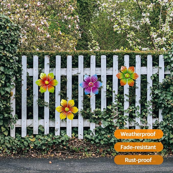 Metal Flowers Outdoor Decorations, 4pcs Metal Wall Art Hanging Decorations for Outdoor Fence Garden Yard Patio Decor, Gift for Mom Friends