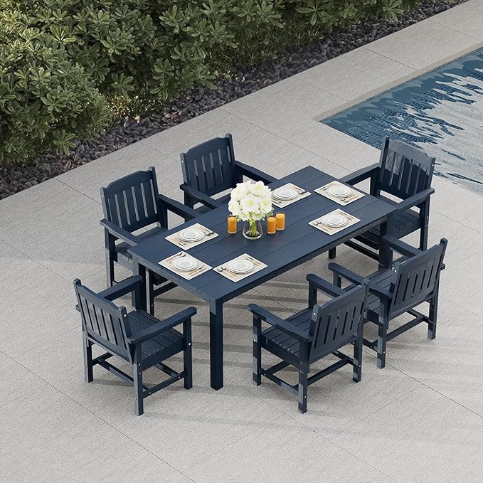 Poly Lumber Patio Dining Set, HIPS Outdoor 70.9-Inches Table and Slat Back Chairs, with Umbrella Hole, Weather Resistant (Navy Blue, 7 Piece)