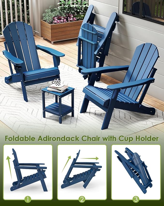 GREENVINES Folding-Adirondack-Chairs-Set-of-4 | HDPE Plastic | Fire Pit Chair | All Weather | Cup Holder | Blue | for Deck Backyard Patio Outdoor Garden