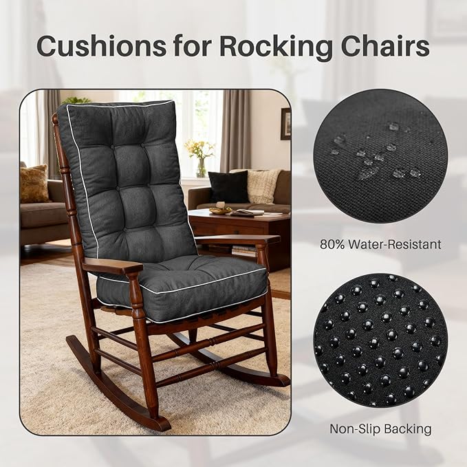 YZ HOME Rocking Chair Cushion, Set of Thicken Seat & Back Chair Cushions with Memory Foam, Non-Slip Chair Pad with Ties for for Indoor&Outdoor Rocker, Dark Grey, 22x17x5/17x17x5