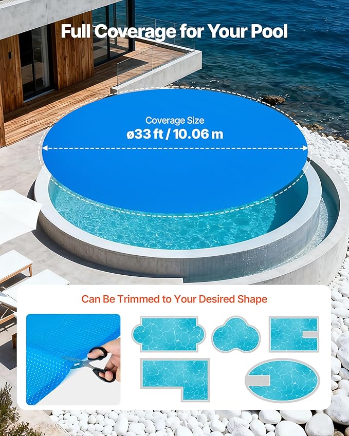 VEVOR Solar Pool Cover, 33 ft Round Pool Bubble Cover, 8 Mil Pools Solar Blanket with Bubble & PE Material, Daytime Heat Absorption, Nighttime Heat Retention, Heat Retaining Solars Covers, Blue