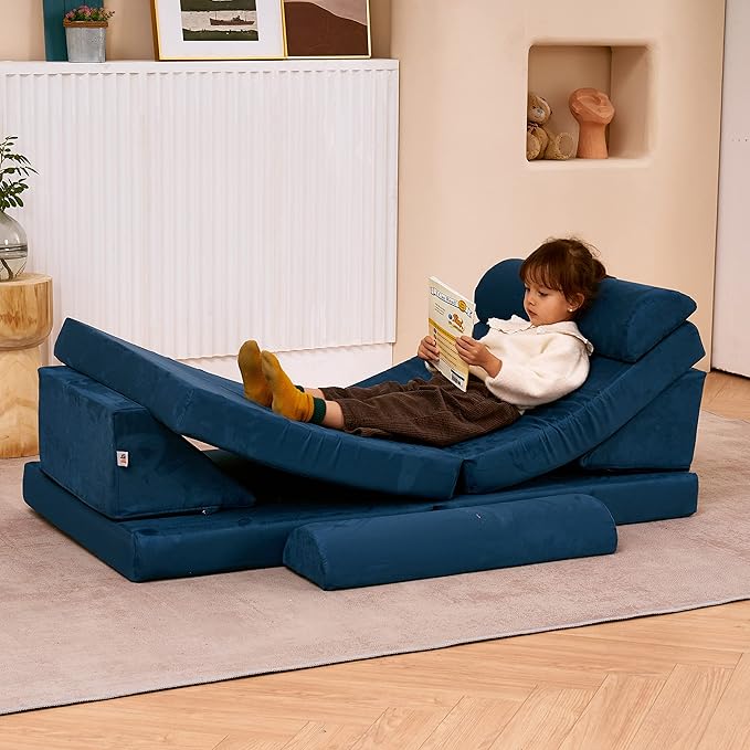 jela Kids Couch Safety Certified Play Couch Soft Kids Sofa with Machine Washable Cover Thick Foam Fort Building Set for Playroom Indoor (57"x28"x18", Navy Blue)