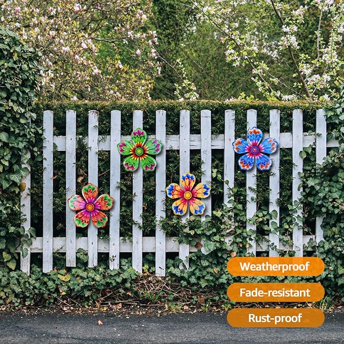 Giyyomtr Metal Flowers Wall Decor - 4pcs 6.2'' Metal Wall Art Hanging Decorations for Outdoor Fence Garden Yard Patio Decor, Gift for Mom Friends