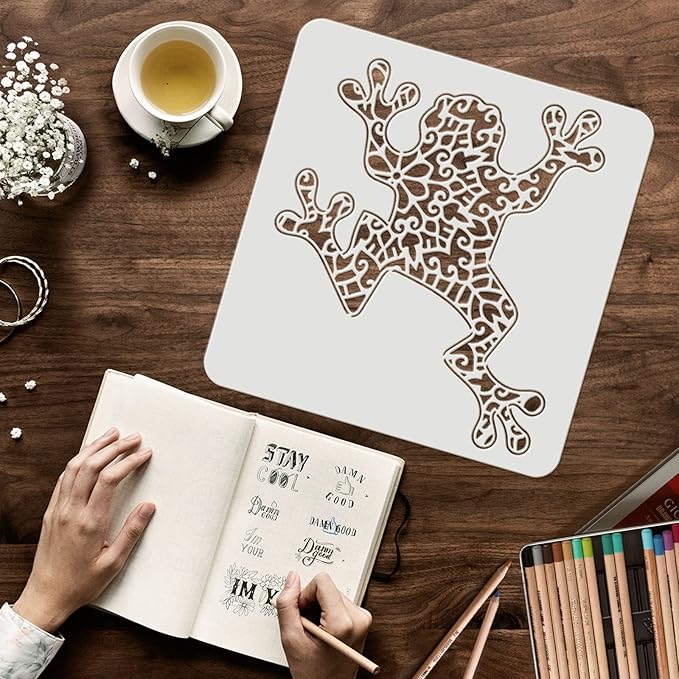 FINGERINSPIRE Frog Mandala Stencils - 11.8x11.8 inch Plastic DIY Reusable Stencils for Painting on Wood, Floor, Wall
