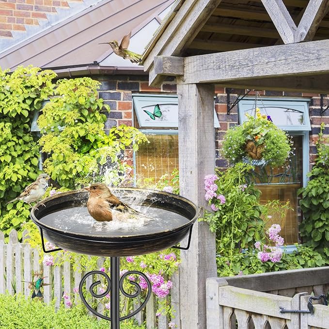 Metal Bird Bath for Outdoor, Garden Freestanding Birdbaths & Birdfeeders with Removable Bird Baths Feeder Bowl Heavy Duty 5 Prong Base for Outside Garden Patio Yard Lawn Decor (Vintage Gold)