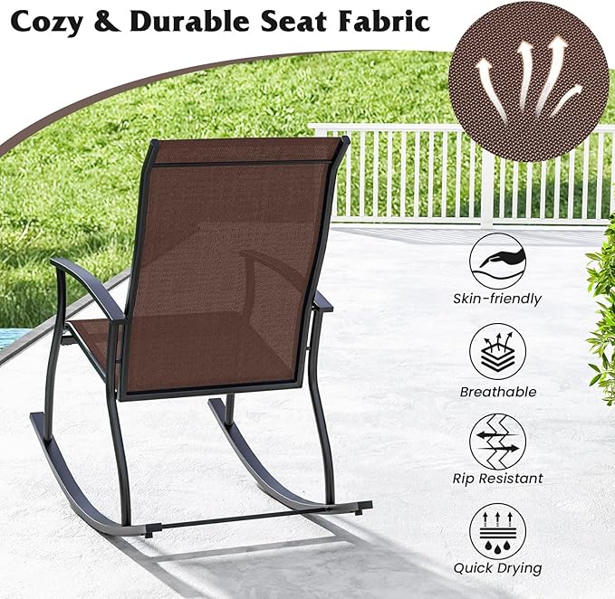 Giantex Outdoor Rocking Chair Set of 4 - Patio Rocking Chairs w/Breathable Backrest, Sturdy Metal Frame & Safe Ergonomic Design, Cozy Fabric Rocker for Backyard, Poolside, 330 lbs, Brown