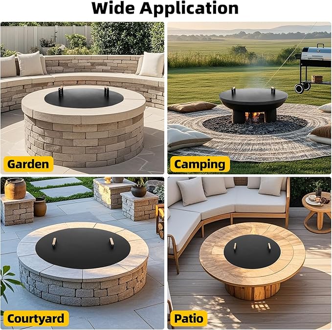 G GOOD GAIN Firepit Lid Round 34inch - Rust Resistant Fire Pit Lid Cover with Wooden Handle & Gloves, Fire Pit Snuffer Lid for Courtyards, Patio, Winter Cold Protection. Fits Fire Pits Up to 32‘’