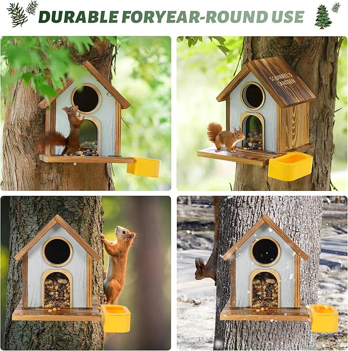MIXXIDEA Wooden Squirrel Feeder, Large Capacity Squirrels Feeders for Outside, Sturdy Construction, No Assembly Lovely Chipmunk Feeder for Corn, Peanut, Nuts, Chestnuts (XL Size with Water Bowl)