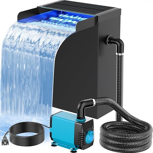 POPOSOAP Pond Waterfall Spillway with LED Lights, 304 Stainless Steel Waterfall Kit with Filtration & 9.8FT Tubing, 660GPH Pond Pump Fountain Kit for Outdoor Garden, Patio, 13.4" H x 8"W-P432D