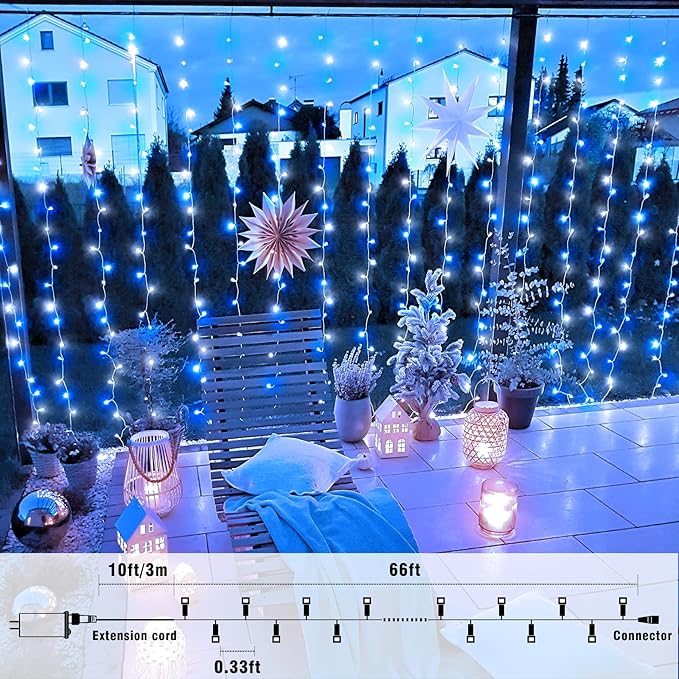 66FT 200 LED Christmas Lights Outdoor, Plug in Christmas String Lights Indoor Waterproof with 8 Modes, Connectable Clear Wire Twinkle Fairy Lights for House Xmas Party Decor, Blue and White
