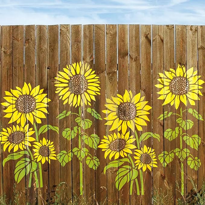 Large Sunflower Fence Stencil for Painting on Wood Fences Tall Flower Stencils Reusable Floral Plastic Templates for Wood Fence Walls Canvas (6 Large Sunflower)