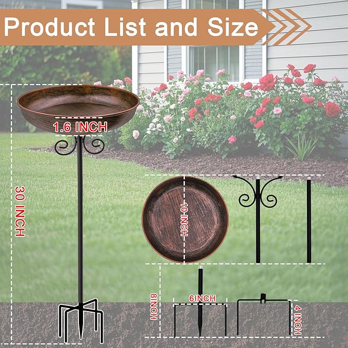 Small Metal Bird Bath for Outdoors, 10" Dia Bowl with Stake Birdbaths Garden Yard Lawn Decor 0.4 Gallon
