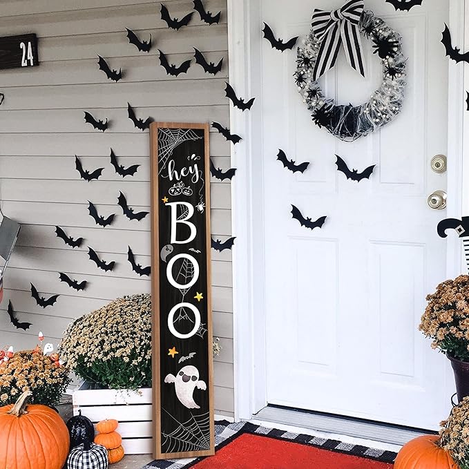 Halloween Welcome Sign for Front Porch Standing, BOO Wooden Porch Sign for Door Decorations, Farmhouse Hanging Wall Sign for Halloween Happy Outdoor Garden Decor 47.2"H - Black