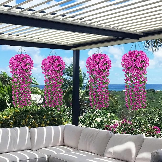 Ouddy Decor 4 Pcs Artificial Hanging Flowers Fake Hanging Plants Violet Flowers Vine Garland for Indoor Outdoor Garden Patio Yard Porch Home Wedding Decoration, Fuchsia