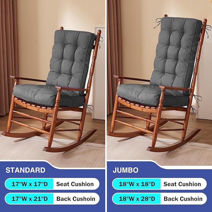 Rocking Chair Cushion, Waterproof and Fade-Resistant Patio Chair Cushions, Tufted Chair Pads for Rocker Furniture, 17x17 Inch, Indoor/Outdoor Seat Cushions with Ties, Dark Grey