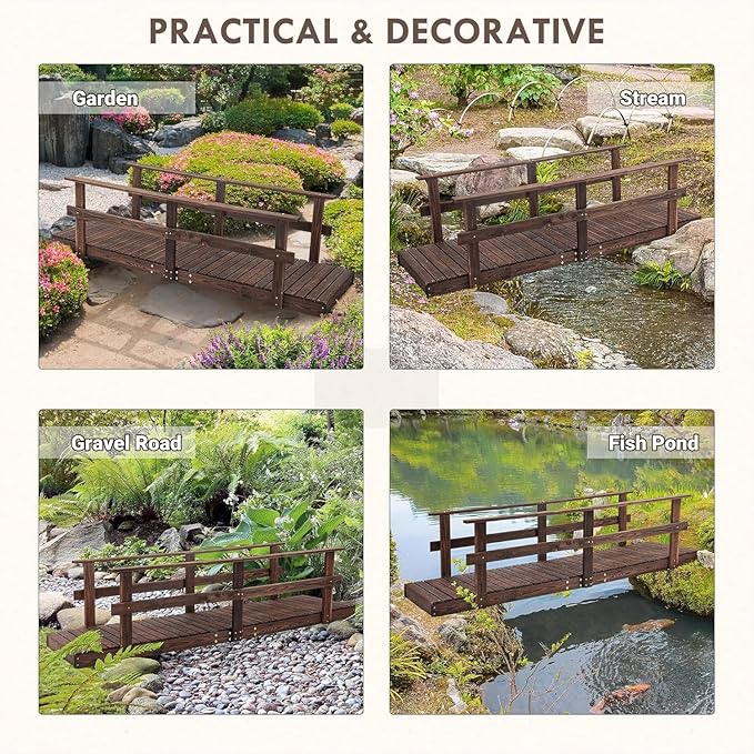 7 ft Pine Wood Garden Bridge with with Safety Rails, Large Wooden Arch Bridge, Decorative Pond Landscaping for Creeks, Streams