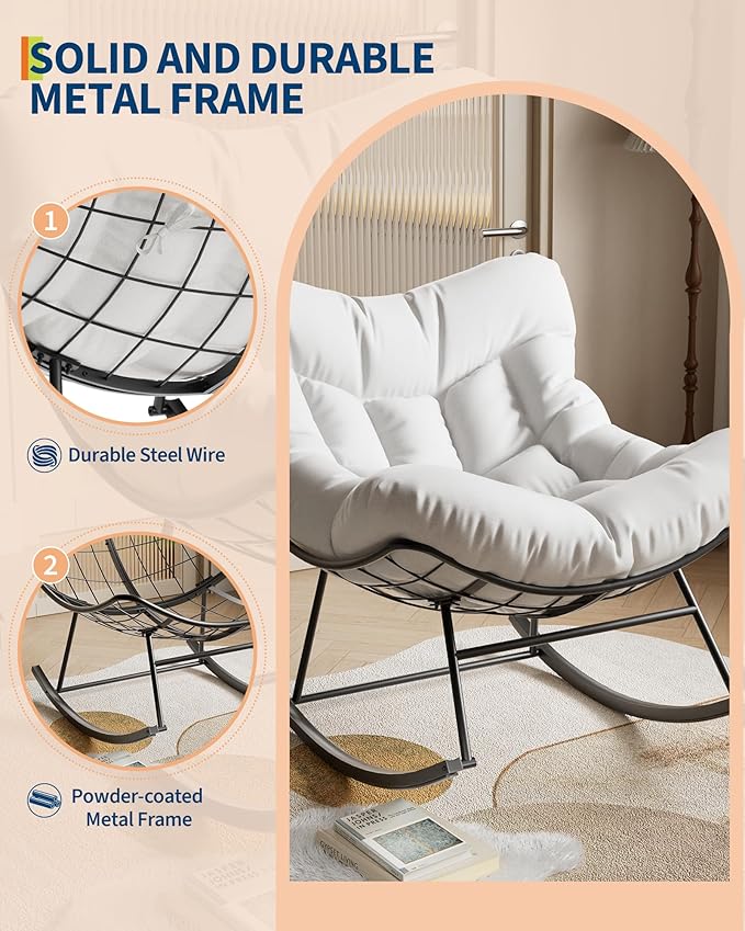 GarveeLife Outdoor Papasan Rocking Chair, Oversized Rocking Chair with Sturdy Metal Frame, Patio Rattan Egg Rocker for Balcony Backyard Porch Bedroom, White