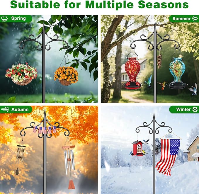 Heavy Duty Double Shepherd Hooks for Outdoor with 5-Prong Base, 88inch Adjustable Decorative Metal Bird Feeder Pole for Hanging Bird Nests, Plant Baskets, Solar Lights, Lanterns, 1 Pack