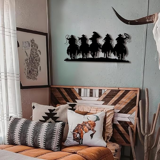 LIYAOLI 3D Vintage Western Wall Decor,Black Metal Cowboy Wall Art Hanging Riding Rustic Cowboys Party Decorations Farmhouse Home Decor,Metal Wall Sculptures for Living Room,Bedroom