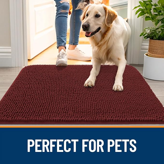 OLANLY Dog Door Mat for Muddy Paws 47x32, Absorbs Moisture and Dirt, Absorbent Non-Slip Washable Doormat, Quick Dry Chenille Mud Mat, Entry Indoor Entryway Carpet for Inside Floor, Caramel Russet