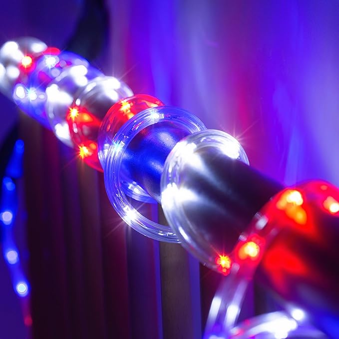 Waterproof LED Rope Lights, Connectable & Flexible with 8 Modes, Outdoor Lighting for Deck, Garden, Pool, Patio & Christmas Decor (Red/Blue/White, 50ft)
