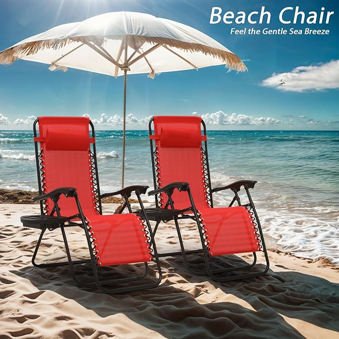 Zero Gravity Chairs, Portable Folding Reclining Lounge Chairs with Adjustable Pillow and Cup Holder Trays for Outdoor, Patio, Beach, Camping, Garden, Poolside, Sun Red