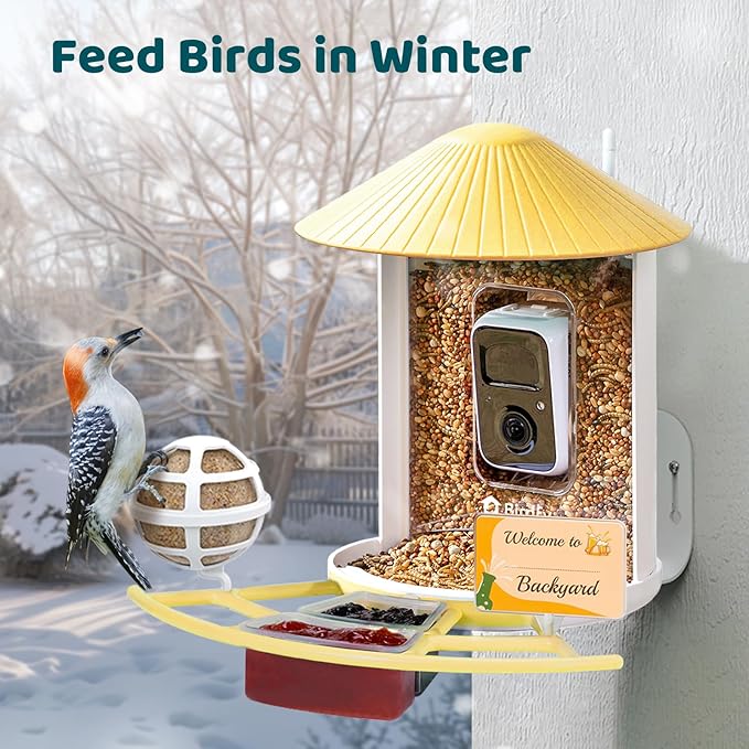 NETVUE by Birdfy Pro Perch - Wider Extension Perch to DIY Add-ons Including Suet Ball, Mini Hummingbird Feeder, Fruit Holder, Jelly Feeder and Welcome Card, Ideal for Bird Lover (Yellow)