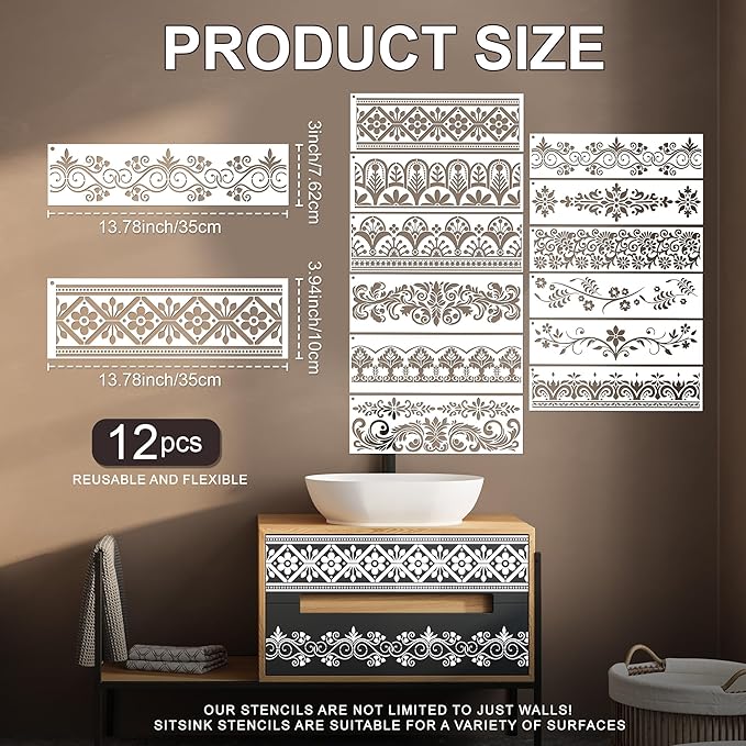 Flower Border Stencils for Painting - 12 Pcs Corner Border Stencils for Crafts Reusable, Mexican Art Floral Lace Stencil, Large Wall Stencil for Painting on Wood Wall Canvas