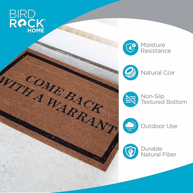 BIRDROCK HOME Come Back with a Warrant Coir Doormat | 18 x 30 Inch | Standard Welcome Mat with Black Border and Natural Fade | Vinyl Backed | Outdoor