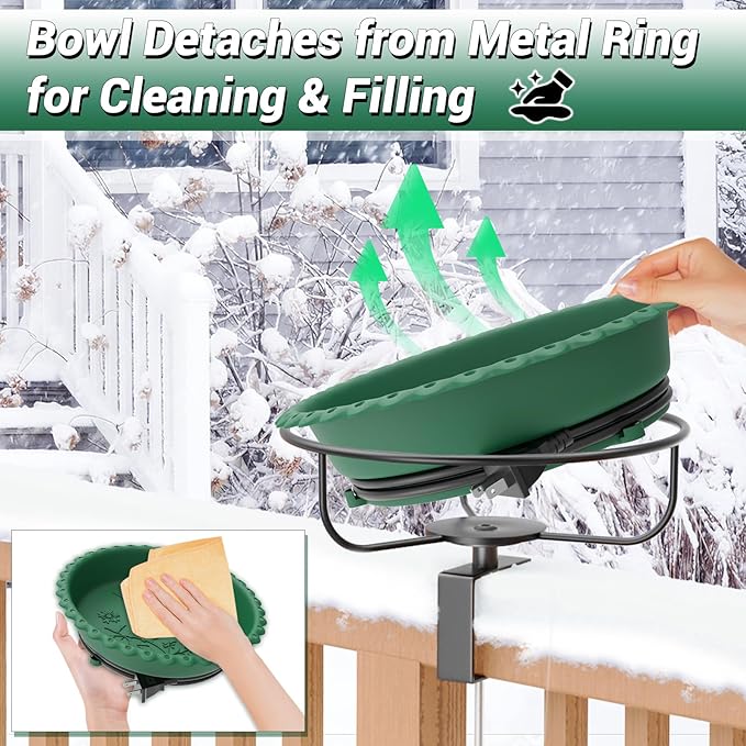 Heated Bird Bath for Outdoors, Upgraded 100W Thermostatically Controlled Heated Bird Baths for Deck Railing Large Capacity Heated Birdbath for Outside Winter Garden Yard Patio Lawn (Green)