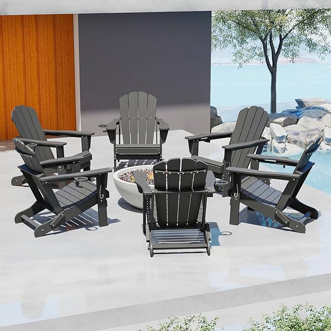 Domi Folding Adirondack Chairs Set of 6, HDPE All-Weather Outdoor Chairs with Cup Holder, Wooden Textured Fire Pit Chairs for Backyard, Patio, Poolside & Deck, Grey