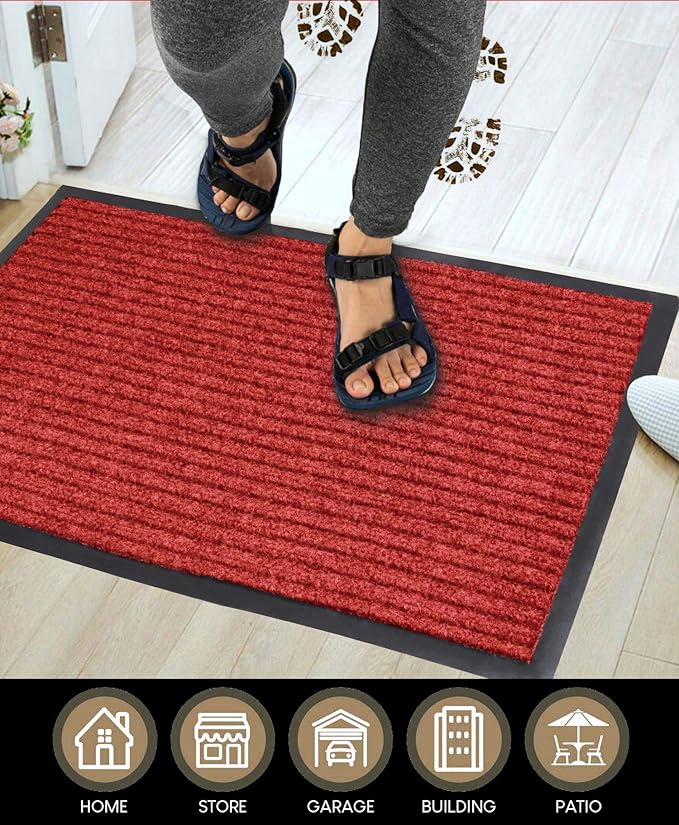 LuxUrux Striped Red Christmas Door Mat - Heavy Duty, Indoor/Outdoor, Easy Clean, Waterproof, Low-Profile (24'' x 16'') - Festive, Durable Solution for High Traffic Areas