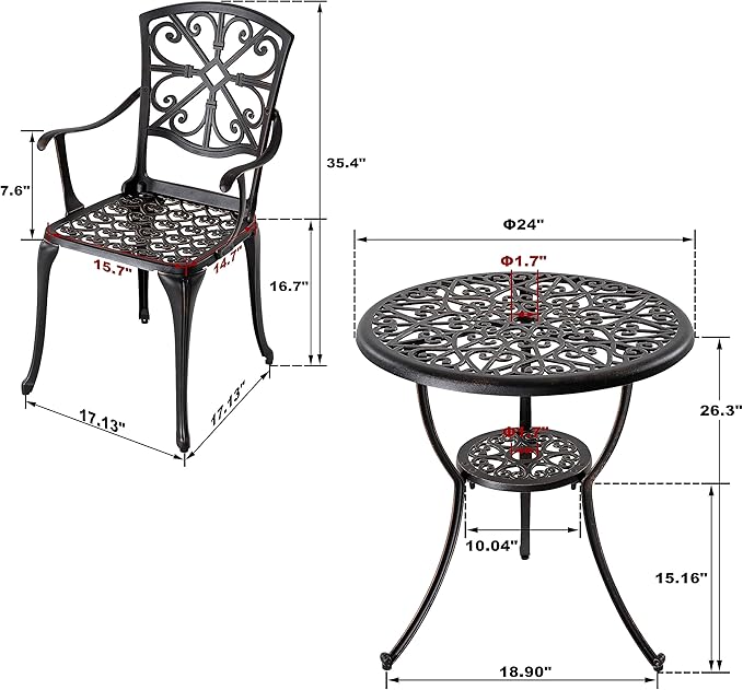 NUU GARDEN 3 Piece Outdoor Bistro Set Cast Aluminum Bistro Table Set Patio Table and Chairs with Umbrella Hole for Backyard, Balcony, Front Porch, Black