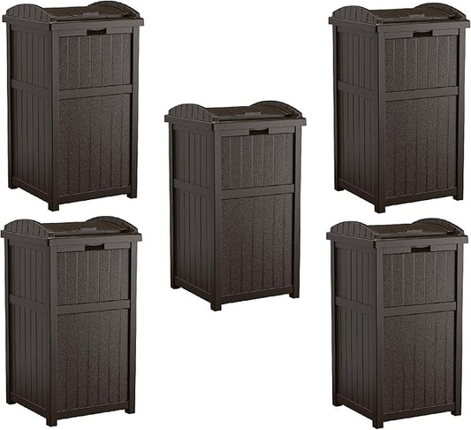 Suncast 5 Pack 33 Gallon Durable Plastic Hideaway Outdoor Garbage Can with Secure Lid & Wicker Design for Home Backyards, Decks, or Patios, Java Brown