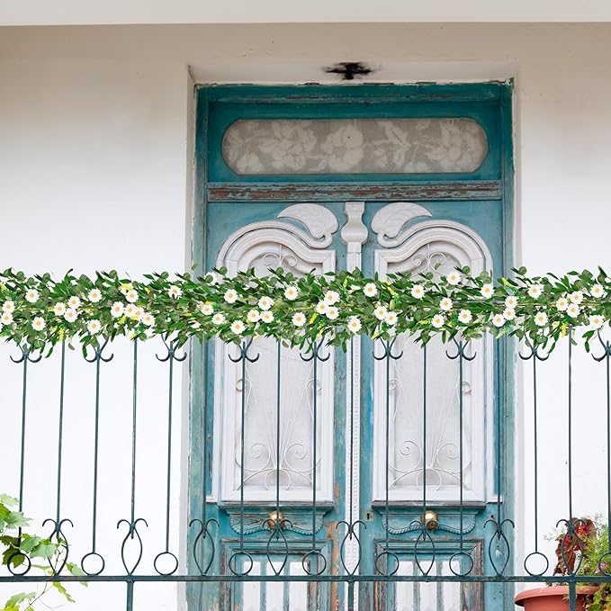 6 Ft White Flower Garland Artificial Summer Spring Faux Daisy Wildflower Floral Garland Spring Wreath for Wedding Arch Porch Stair Table Indoor Door Home All Year Decoration