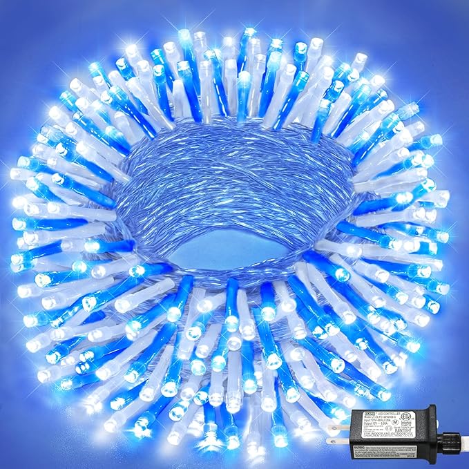 100FT 300 LED Outdoor String Lights, Connectable Christmas Lights Indoor Waterproof with 8 Modes, Plug in Twinkle Fairy Lights Clear Wire for Bedroom Home Wedding Patio Decorations, Blue and White