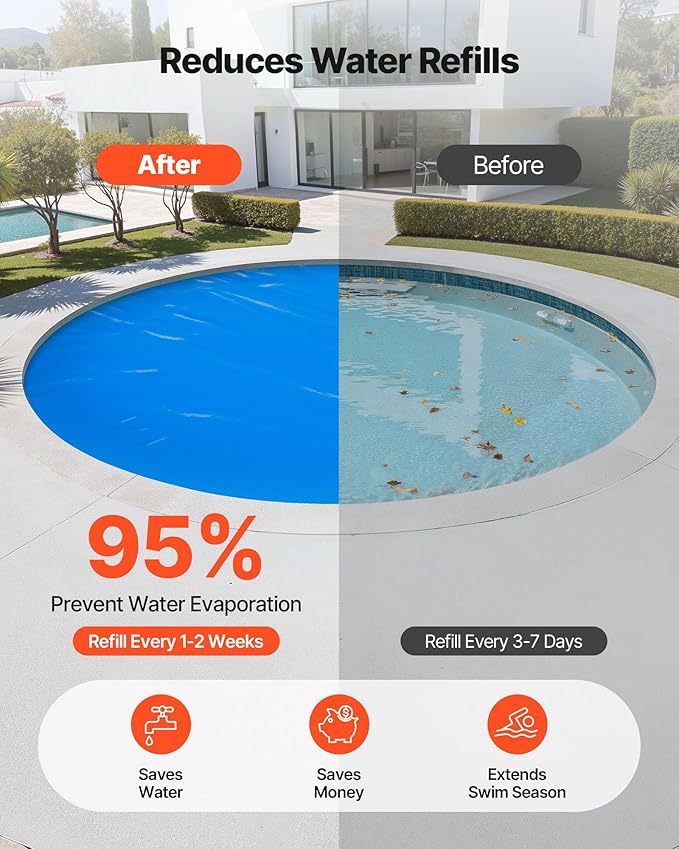 VEVOR Solar Pool Cover, 24 ft Round Pool Bubble Cover, 8 Mil Pools Solar Blanket with Bubble & PE Material, Daytime Heat Absorption, Nighttime Heat Retention, Heat Retaining Solars Covers, Blue