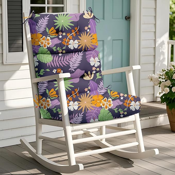 Rocking Chair Cushion, Waterproof Chairs Cushions for Adirondack Chairs Patio Chair High Back Thicked Cushions Outdoor and Indoor with Ties, Purple Flower Leaves