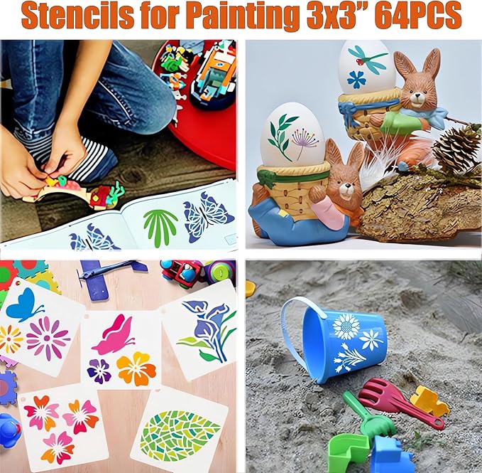 Stencils for Painting, 64pcs 3 Inch Stencils for Crafts Reusable Rock Painting Stencils Plastic Reusable Stencils for Painting on Wood Wall Tile Home Decor