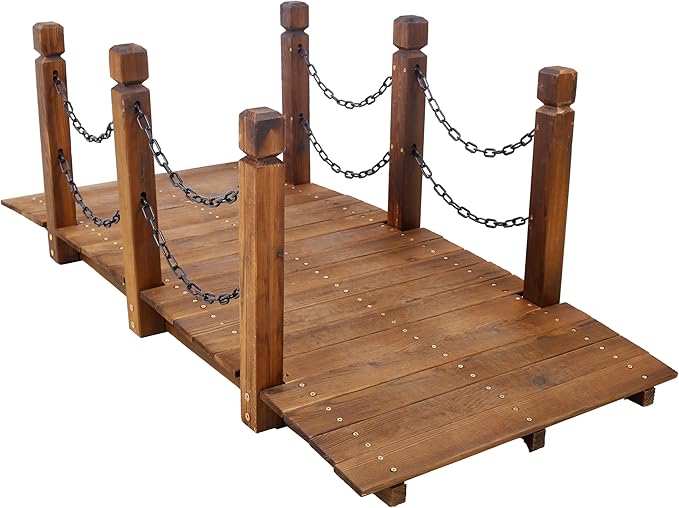5FT Wooden Garden Bridge with Chain Handrails, Decorative Landscape Footbridge for Yard, Pond, Farm or Creek - Rust-Resistant Cedar Construction, Easy Assembly & 500LB Capacity, Brown