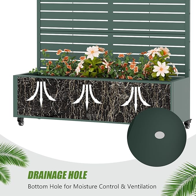 Casaphoria Metal Raised Garden Bed with Trellis and Wheels, 72"x47"x16" Planter Box for Climbing Plants, Vegetables & Vines, Features Drainage Holes and Privacy Screen, Drak Green-Louvered