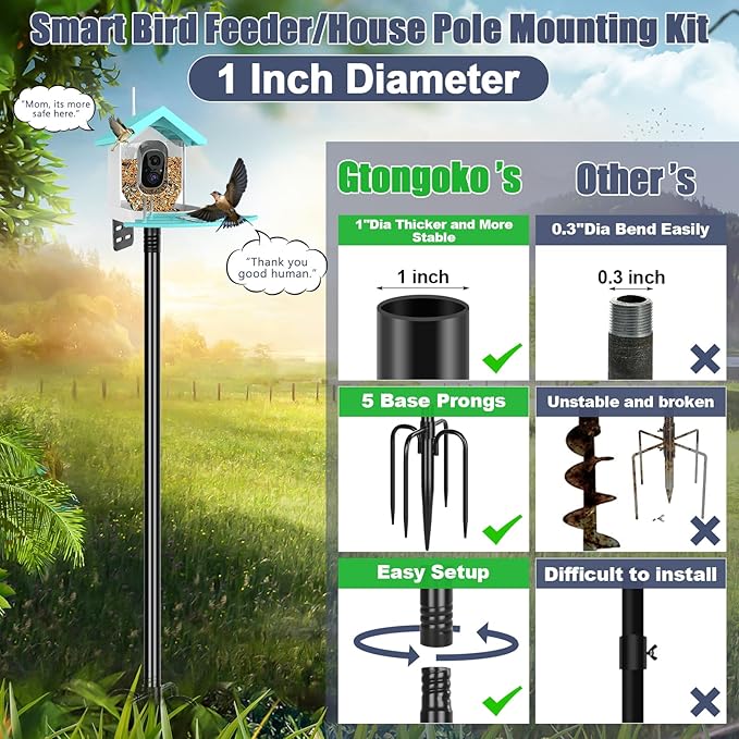 Gtongoko Smart Bird Feeder Pole 1-Inch Dia 110 Inch Bluebird House Pole for Outdoors Weather Station Heavy Duty Metal Mounting Kit Adjustable Bird Feeder Stand Black