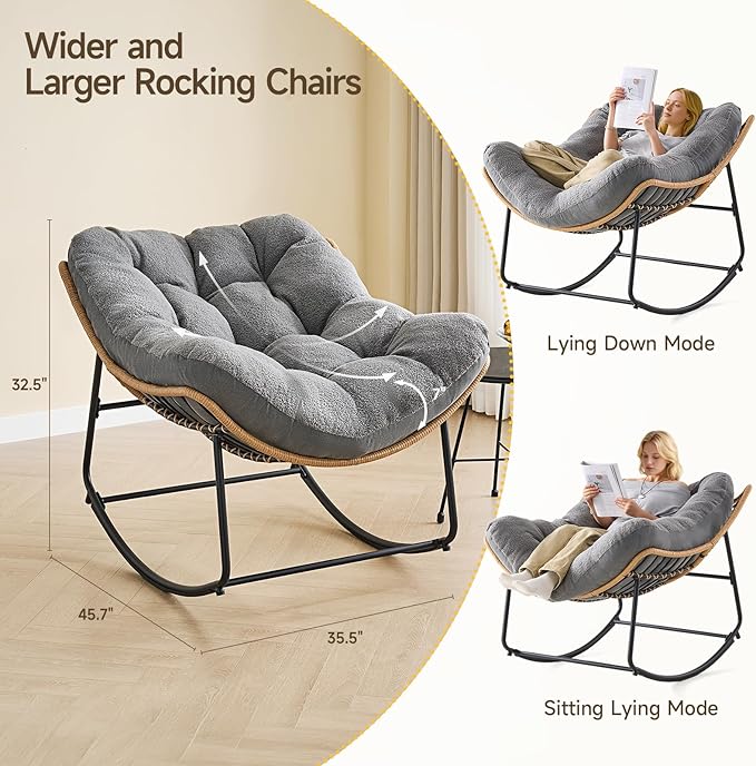 ONBRILL Outdoor Rocking Chairs, Oversized Papasan Rocking Chair Indoors with Padded Cushions, Rattan Wicker Lounge Chair for Living Room, Porch, Patio, Garden, Grey