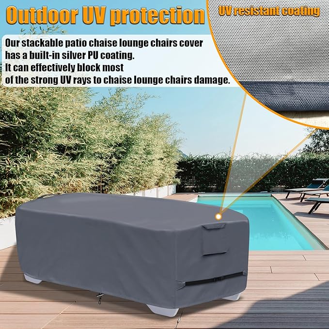 Stackable Chaise Lounge Covers for 2-3 Stackable Patio Lounge Chair, 600D Weather-Resistant Polyester Fabric, Outdoor Furniture Storage Cover for Stackable Lounge Chair - 80"L x 30"W x 20"H, Gray
