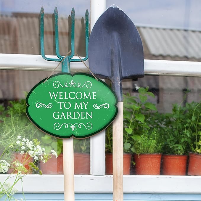 Rustic Garden Hanging Sign, Welcome To My Garden Wooden Decor, Yard Welcome Sign Gardening Gifts and Decorations for Gardeners Plant Lovers 7 x 10 Inch (Green)