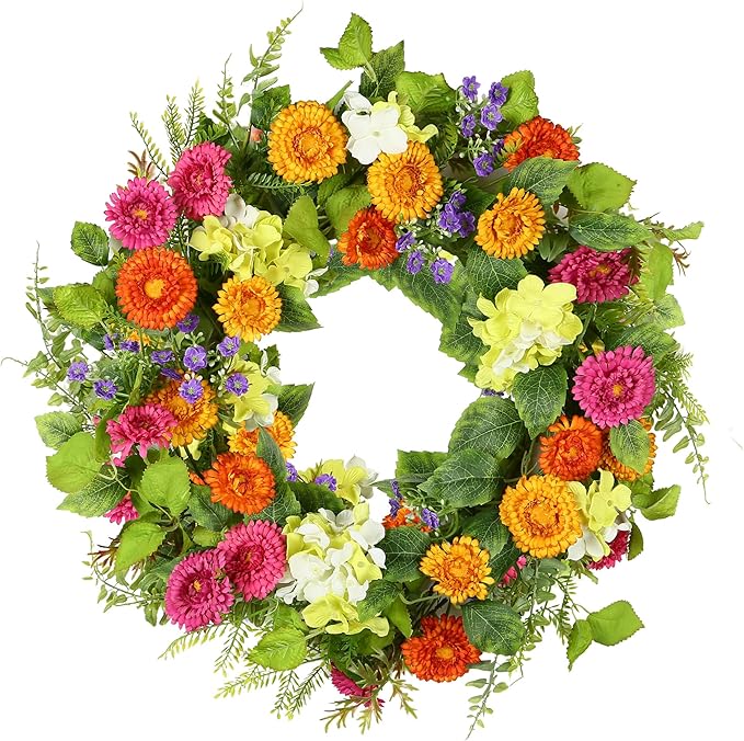YNYLCHMX 18" Spring Summer Wreaths for Front Door, Artificial Floral Wreath with Daisy Flowers Green Tea Leaves, Green Foliage Wreath for Wall Window Farmhouse Party Holiday Home Decor