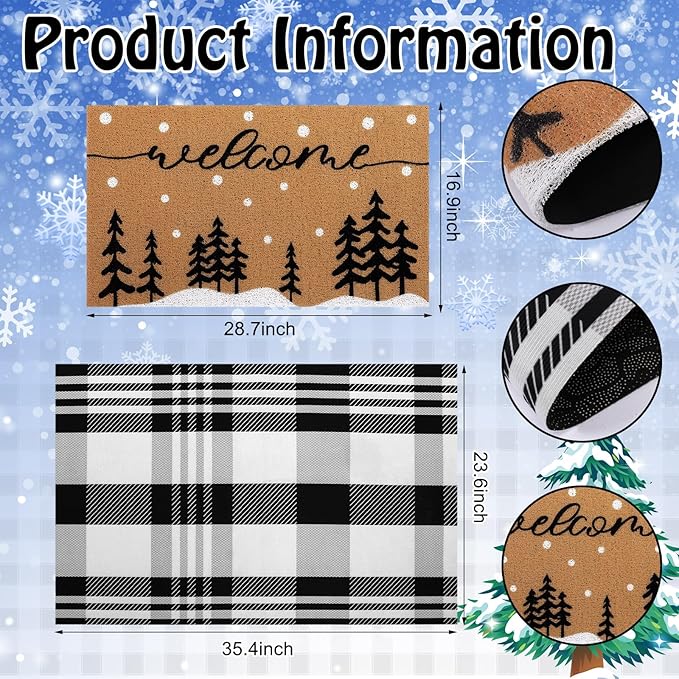 Tinideya 2 Pcs Winter Door Mat Christmas Welcome Non Slip Coir Mats Floor Layering Christmas Tree Snowy Black White Buffalo Plaid Doormats Seasonal for Front Porch Entryway Decor(Snowy Tree)